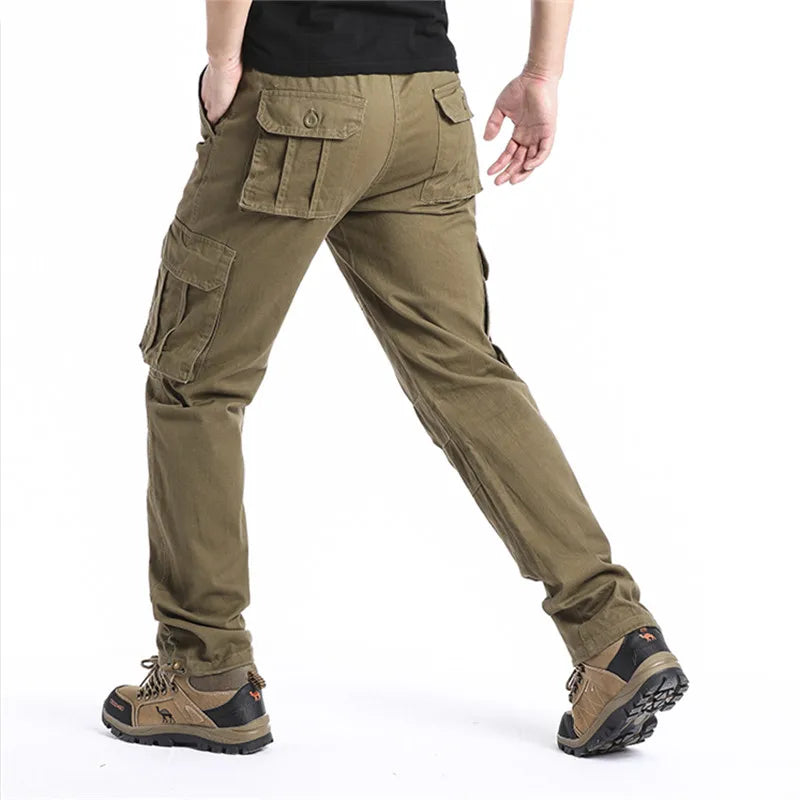 Calça Cargo de bolso grande masculino, calça tática para esportes ao ar livre, corrida, cintura elástica, algodão puro, casual, calça de trabalho