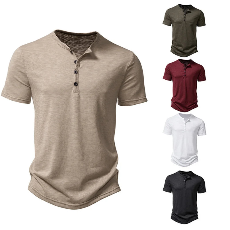 Henley colarinho verão masculino casual cor sólida manga curta t camisa para homens polo de alta qualidade camisas masculinas