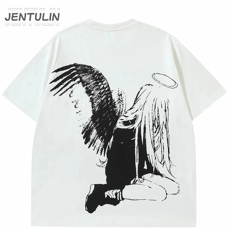 Camiseta masculina streetwear japonesa harajuku desenho animado asas de anjo camiseta gráfica verão 2025 hip hop camiseta anime tops camiseta algodão y2k