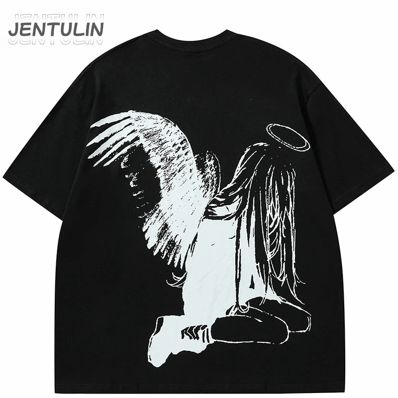 Camiseta masculina streetwear japonesa harajuku desenho animado asas de anjo camiseta gráfica verão 2025 hip hop camiseta anime tops camiseta algodão y2k